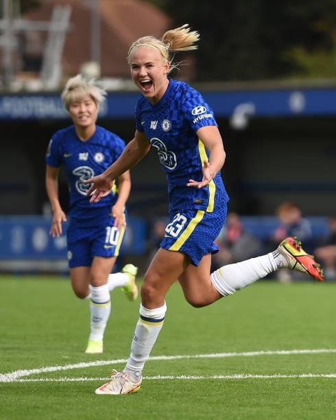 Pernille Harder of Chelsea celebrates after scoring her team's first goal during the Barclays FA Women's Super League match between Chelsea Women and...