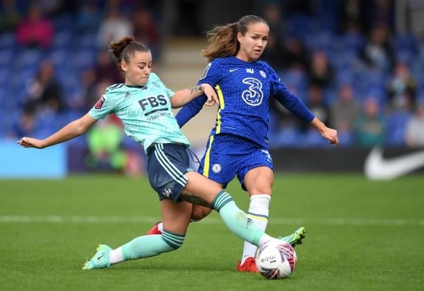 Guro Reiten of Chelsea is challenged by Hannah Cain of Leicester City during the Barclays FA Women's Super League match between Chelsea Women and...