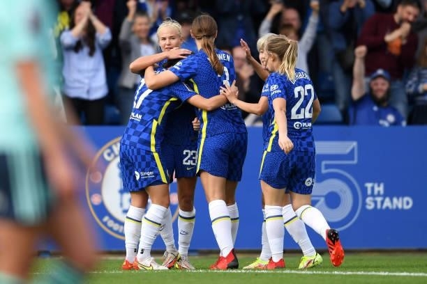 Pernille Harder of Chelsea celebrates with teammates after scoring their side's first goal during the Barclays FA Women's Super League match between...