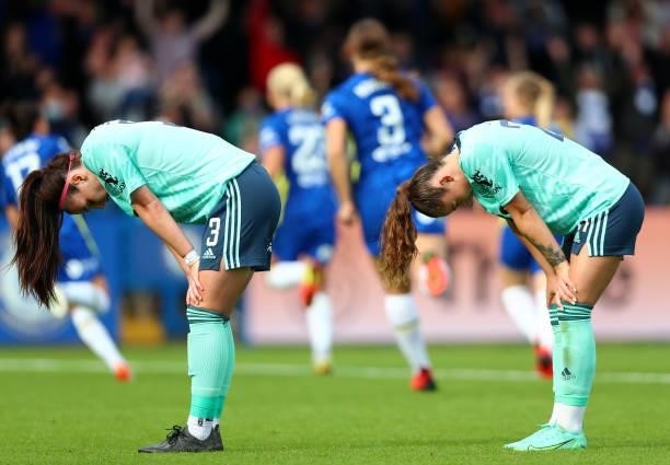 Sam Tierney and Hannah Cain of Leicester City react after conceding during the Barclays FA Women's Super League match between Chelsea Women and...