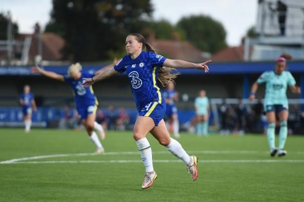 Fran Kirby of Chelsea celebrates after scoring her team's second goal during the Barclays FA Women's Super League match between Chelsea Women and...