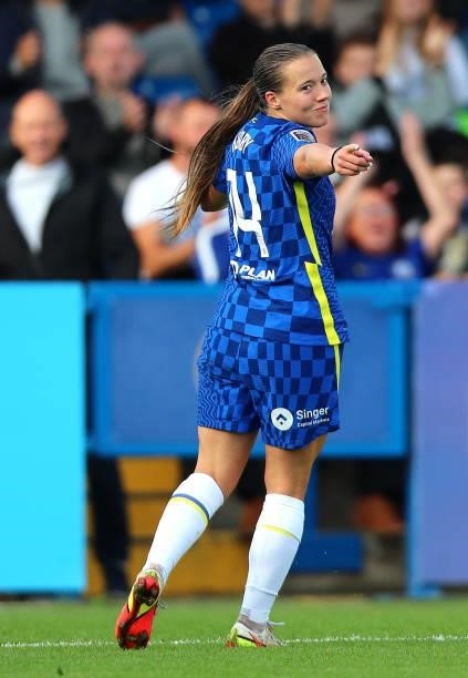 Fran Kirby of Chelsea celebrates scoring her teams second goal during the Barclays FA Women's Super League match between Chelsea Women and Leicester...