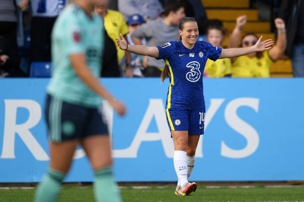 Fran Kirby of Chelsea celebrates after scoring their side's second goal during the Barclays FA Women's Super League match between Chelsea Women and...