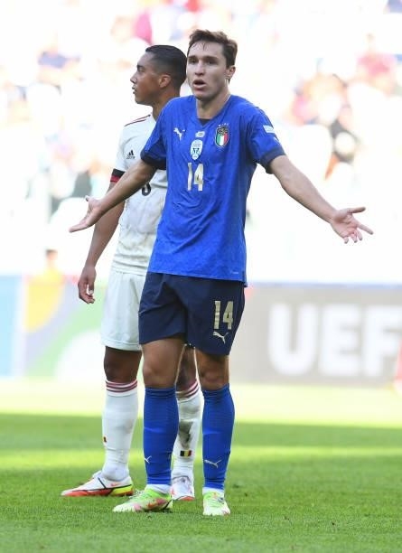 Federico Chiesa of Italy reacts during the UEFA Nations League 2021 Third Place Match between Italy and Belgium at Juventus Stadium on October 10,...
