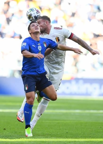 Giacomo Raspadori of Italy in action during the UEFA Nations League 2021 Third Place Match between Italy and Belgium at Juventus Stadium on October...