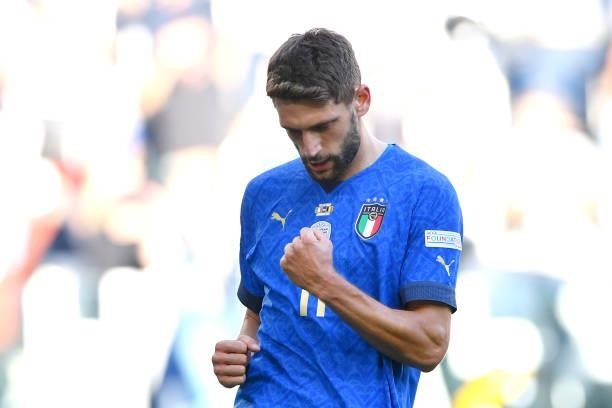 Domenico Berardi of Italy celebrates after scoring their side's second goal from the penalty spot during the UEFA Nations League 2021 Third Place...