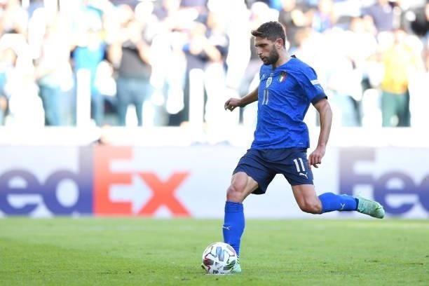 Domenico Berardi of Italy scores their side's second goal from the penalty spot during the UEFA Nations League 2021 Third Place Match between Italy...