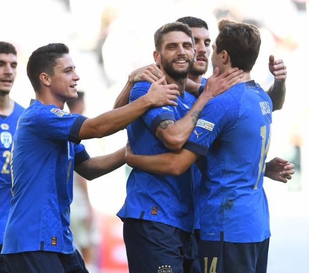 Domenico Berardi of Italy celebrates with team-mates after scoring the second goal during the UEFA Nations League 2021 Third Place Match between...