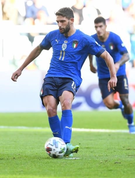 Domenico Berardi of Italy scores the second goal during the UEFA Nations League 2021 Third Place Match between Italy and Belgium at Juventus Stadium...