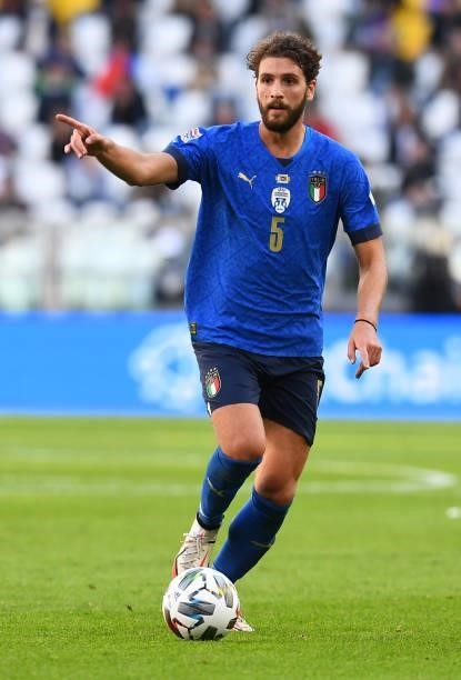 Manuel Locatelli of Italy in action during the UEFA Nations League 2021 Third Place Match between Italy and Belgium at Juventus Stadium on October...