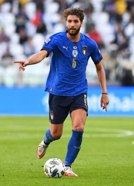 Manuel Locatelli of Italy in action during the UEFA Nations League 2021 Third Place Match between Italy and Belgium at Juventus Stadium on October...