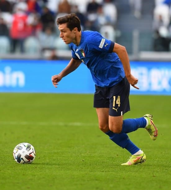 Federico Chiesa of Italy in action during the UEFA Nations League 2021 Third Place Match between Italy and Belgium at Juventus Stadium on October 10,...
