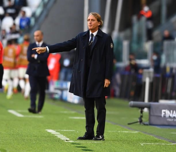 Head coach of Italy Roberto Mancini reacts during the UEFA Nations League 2021 Third Place Match between Italy and Belgium at Juventus Stadium on...