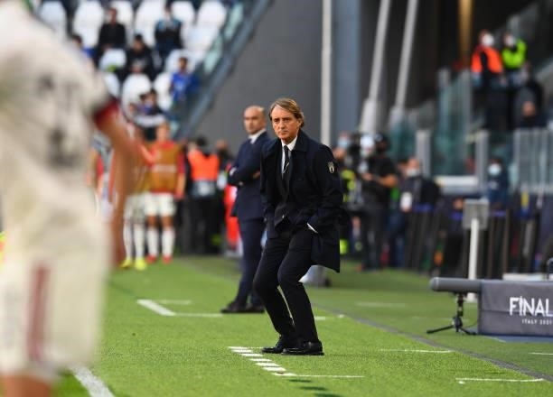 Head coach of Italy Roberto Mancini reacts during the UEFA Nations League 2021 Third Place Match between Italy and Belgium at Juventus Stadium on...