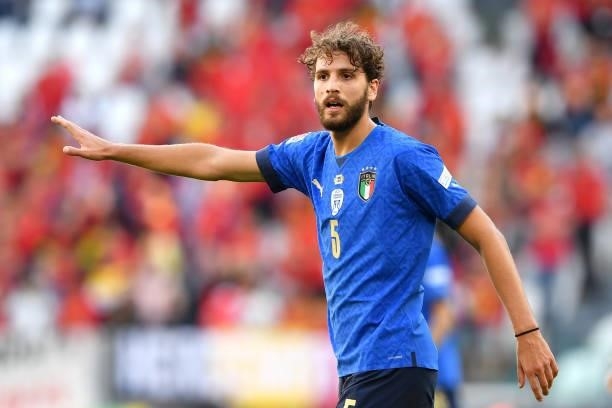 Manuel Locatelli of Italy reacts during the UEFA Nations League 2021 Third Place Match between Italy and Belgium at Juventus Stadium on October 10,...