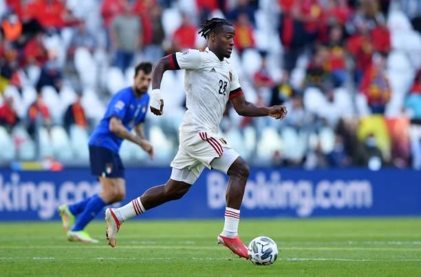 Michy Batshuayi of Belgium runs with the ball during the UEFA Nations League 2021 Third Place Match between Italy and Belgium at Juventus Stadium on...