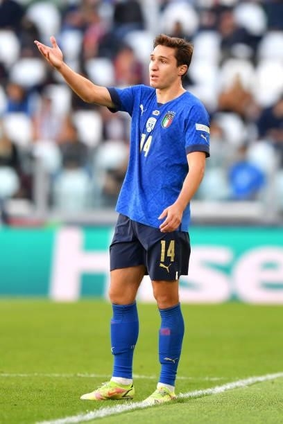 Federico Chiesa of Italy gives instructions to their side during the UEFA Nations League 2021 Third Place Match between Italy and Belgium at Juventus...