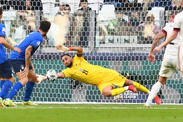 Gianluigi Donnarumma of Italy in action during the UEFA Nations League 2021 Third Place Match between Italy and Belgium at Juventus Stadium on...