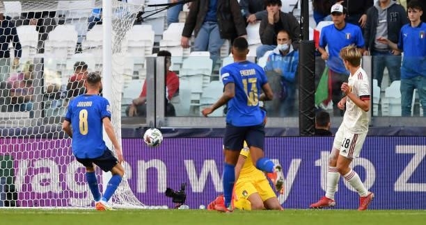 Charles De Ketelaere of Belgium scores their side's first goal past Gianluigi Donnarumma of Italy during the UEFA Nations League 2021 Third Place...