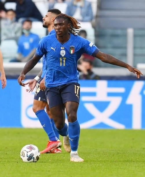 Moise Kean of Italy in action during the UEFA Nations League 2021 Third Place Match between Italy and Belgium at Juventus Stadium on October 10, 2021...