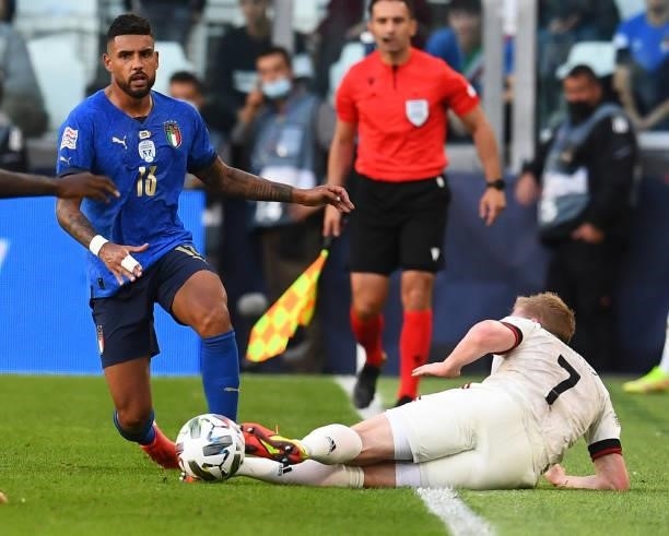 Emerson of Italy in action during the UEFA Nations League 2021 Third Place Match between Italy and Belgium at Juventus Stadium on October 10, 2021 in...