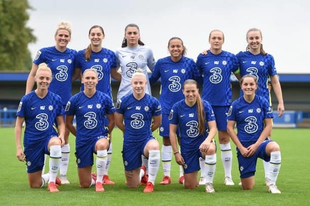 Chelsea players pose for a team photo prior to the Barclays FA Women's Super League match between Chelsea Women and Leicester City Women at...