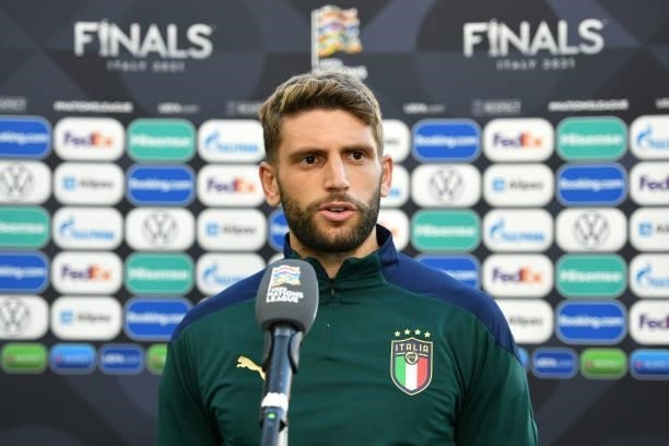 Domenico Berardi of Italy speaks during a TV Interview following victory in the UEFA Nations League 2021 Third Place Match between Italy and Belgium...