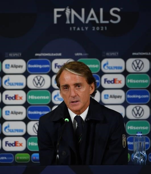 Roberto Mancini, Head Coach of Italy looks on as they speak to the media during an Italy press conference following the UEFA Nations League 2021...