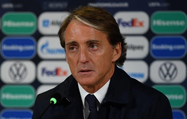 Roberto Mancini, Head Coach of Italy looks on as they speak to the media during an Italy press conference following the UEFA Nations League 2021...