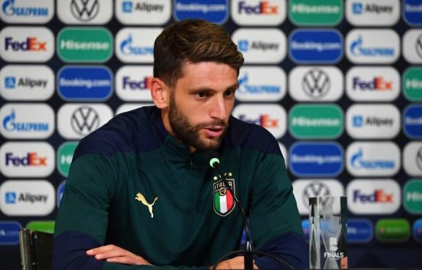 Domenico Berardi of Italy speaks to the media during the Italy press conference following victory in the UEFA Nations League 2021 Third Place Match...