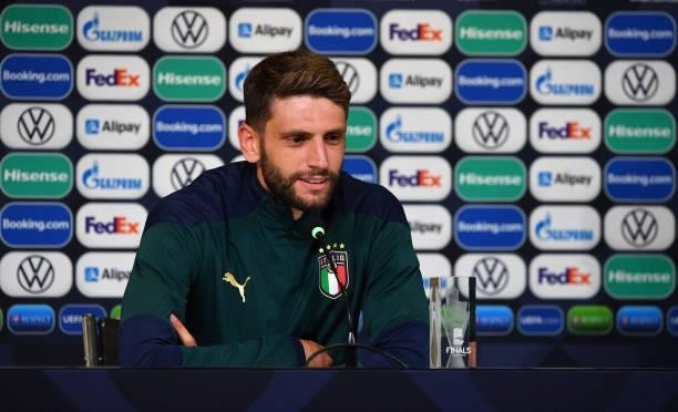 Domenico Berardi of Italy speaks to the media during the Italy press conference following victory in the UEFA Nations League 2021 Third Place Match...