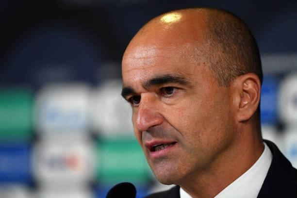 Roberto Martinez, Head Coach of Belgium looks on as they speak to the media during a press conference following the UEFA Nations League 2021 Third...