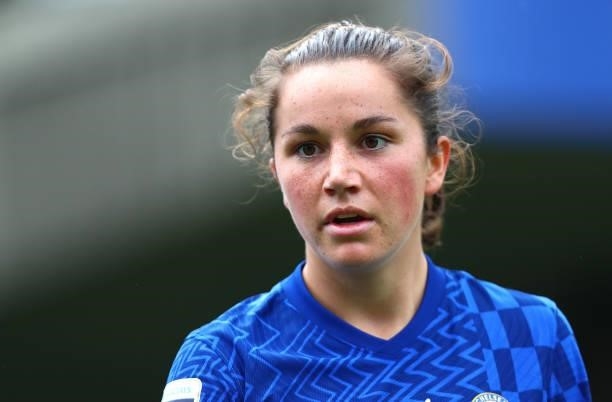 Jessie Fleming of Chelsea looks on during the Barclays FA Women's Super League match between Chelsea Women and Leicester City Women at Kingsmeadow on...