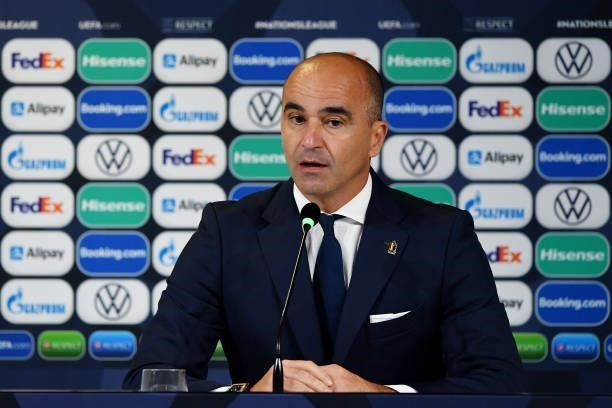 Roberto Martinez, Head Coach of Belgium looks on as they speak to the media during a press conference following the UEFA Nations League 2021 Third...