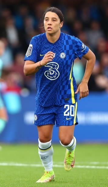 Sam Kerr of Chelsea during the Barclays FA Women's Super League match between Chelsea Women and Leicester City Women at Kingsmeadow on October 10,...