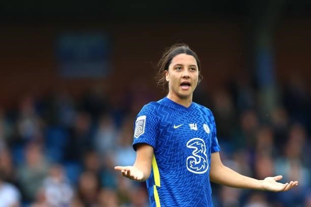 Sam Kerr of Chelsea gestures during the Barclays FA Women's Super League match between Chelsea Women and Leicester City Women at Kingsmeadow on...