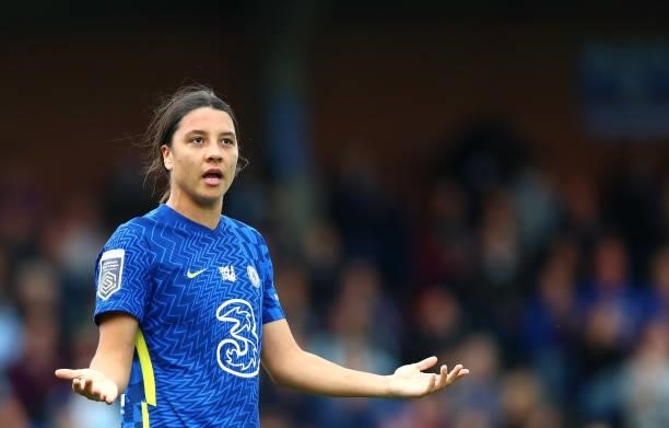 Sam Kerr of Chelsea gestures during the Barclays FA Women's Super League match between Chelsea Women and Leicester City Women at Kingsmeadow on...