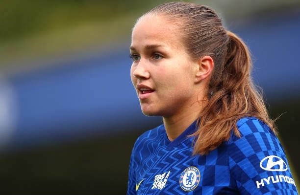 Guro Reiten of Chelsea looks on during the Barclays FA Women's Super League match between Chelsea Women and Leicester City Women at Kingsmeadow on...