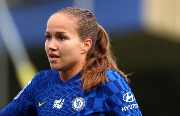 Guro Reiten of Chelsea looks on during the Barclays FA Women's Super League match between Chelsea Women and Leicester City Women at Kingsmeadow on...