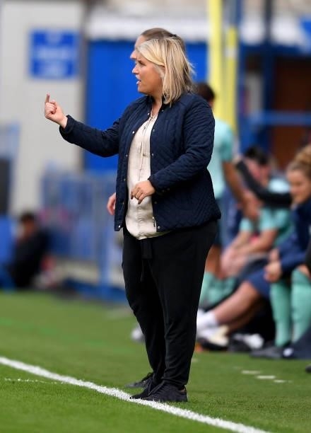 Head Coach of Chelsea Women, Emma Hayes gives instructions during the Barclays FA Women's Super League match between Chelsea Women and Leicester City...