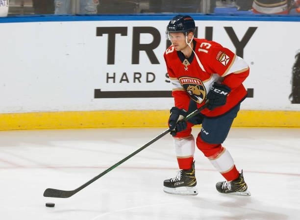 Sam Reinhart of the Florida Panthers skates prior to an NHL preseason game against the Tampa Bay Lightning at the FLA Live Arena on October 9, 2021...