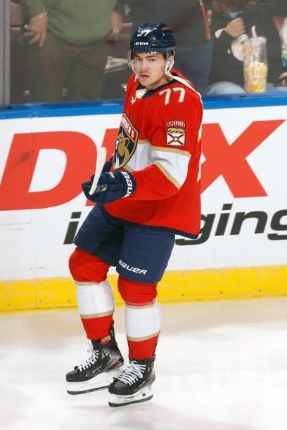 Frank Vatrano of the Florida Panthers skates prior to an NHL preseason game against the Tampa Bay Lightning at the FLA Live Arena on October 9, 2021...
