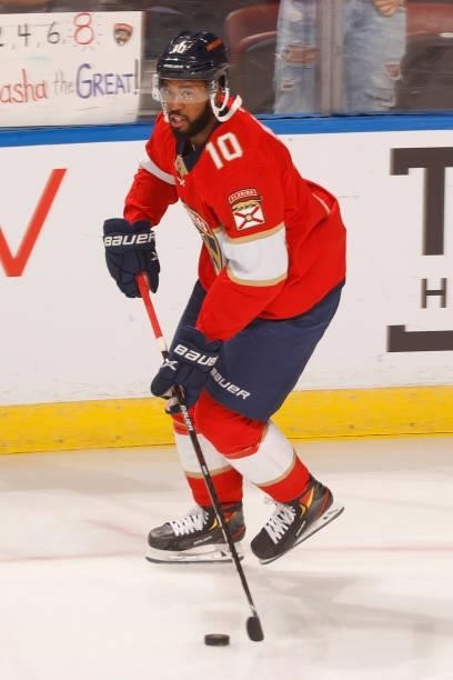 Anthony Duclair of the Florida Panthers skates prior to an NHL preseason game against the Tampa Bay Lightning at the FLA Live Arena on October 9,...