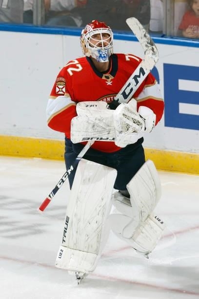 Goaltender Sergei Bobrovsky of the Florida Panthers skates towards the goal prior to an NHL preseason game against the Tampa Bay Lightning at the FLA...