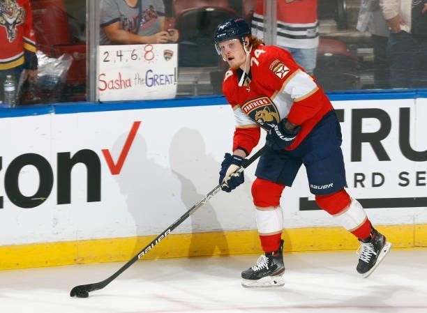 Owen Tippett of the Florida Panthers skates prior to an NHL preseason game against the Tampa Bay Lightning at the FLA Live Arena on October 9, 2021...