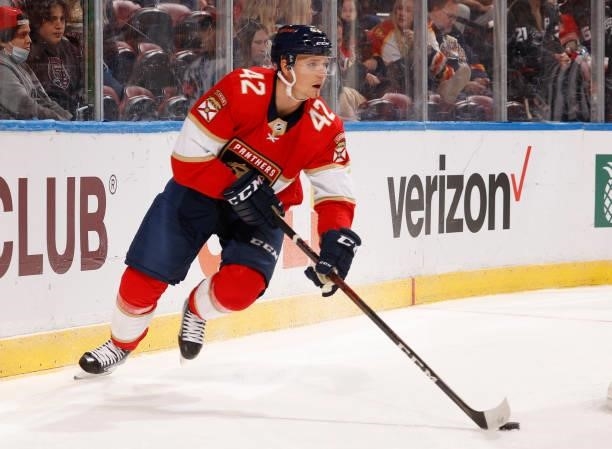 Gustav Forsling of the Florida Panthers skates with the puck against the Tampa Bay Lightning during a preseason game at the FLA Live Arena on October...