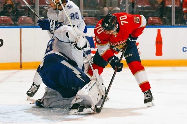 Goaltender Andrei Vasilevskiy of the Tampa Bay Lightning stops a shot by Patric Hornqvist of the Florida Panthers during an NFL preseason game at the...