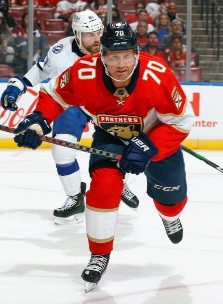 Patric Hornqvist of the Florida Panthers chases the puck during first period action against the Tampa Bay Lightning during a preseason game at the...