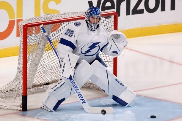 Goaltender Andrei Vasilevskiy of the Tampa Bay Lightning warms up prior to an NFL preseason game against the Florida Panthers at the FLA Live Arena...