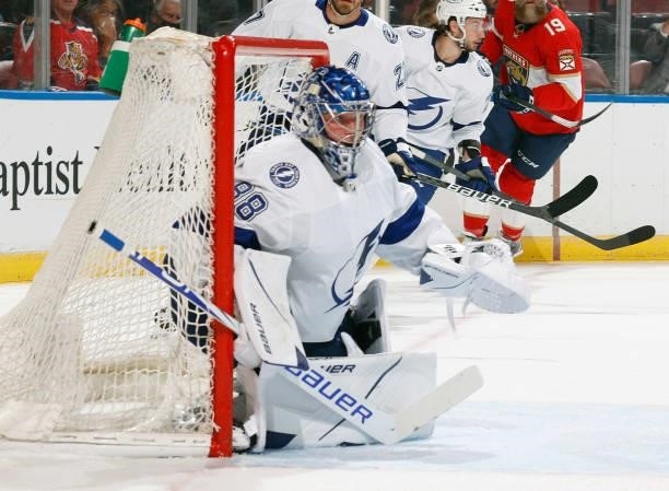 Goaltender Andrei Vasilevskiy of the Tampa Bay Lightning defends the net against the Florida Panthers during an NFL preseason game at the FLA Live...
